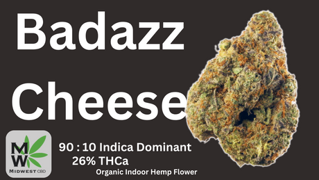 Bud of "Badazz Cheese" THCa hemp flower strain, 90:10 Indica Hybrid with 26% THCa content, Organic Indoor