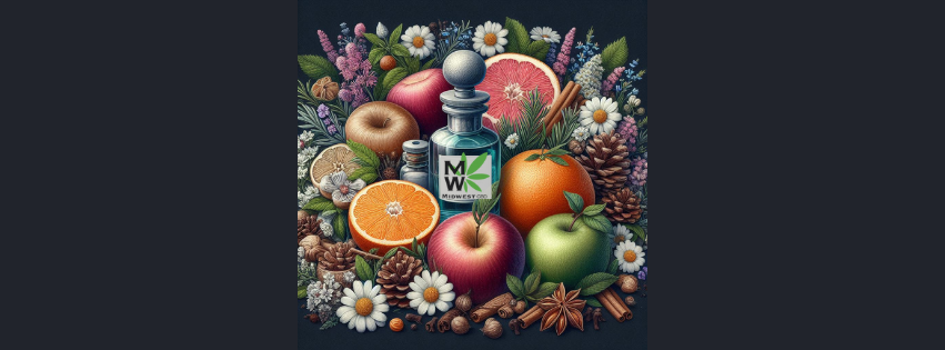 Image of fruits, flower, and other plant sources of terpenes with Midwest CBD labled Tincture