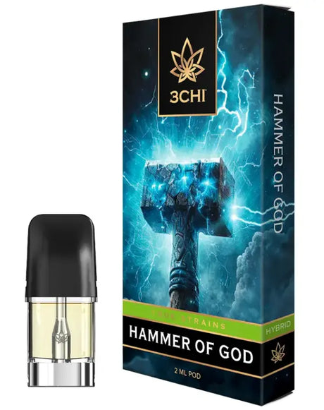 Packaging and Pod for 3Chi's Hammer of God True Strain Vape Pod 2g