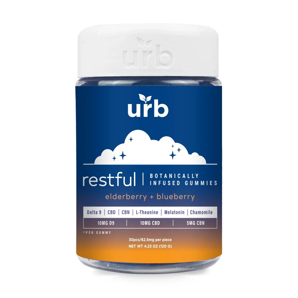 Urb Restful Delta-9, CBD, CBN Gummies – 30 Count with L-Theanine, Melatonin & Chamomile for Sleep & Relaxation