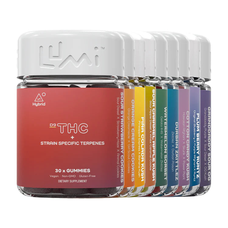 Image of the full line of flavors for Lumi's Delta-9 THC, CBD, and strain specific terpenes gummies.